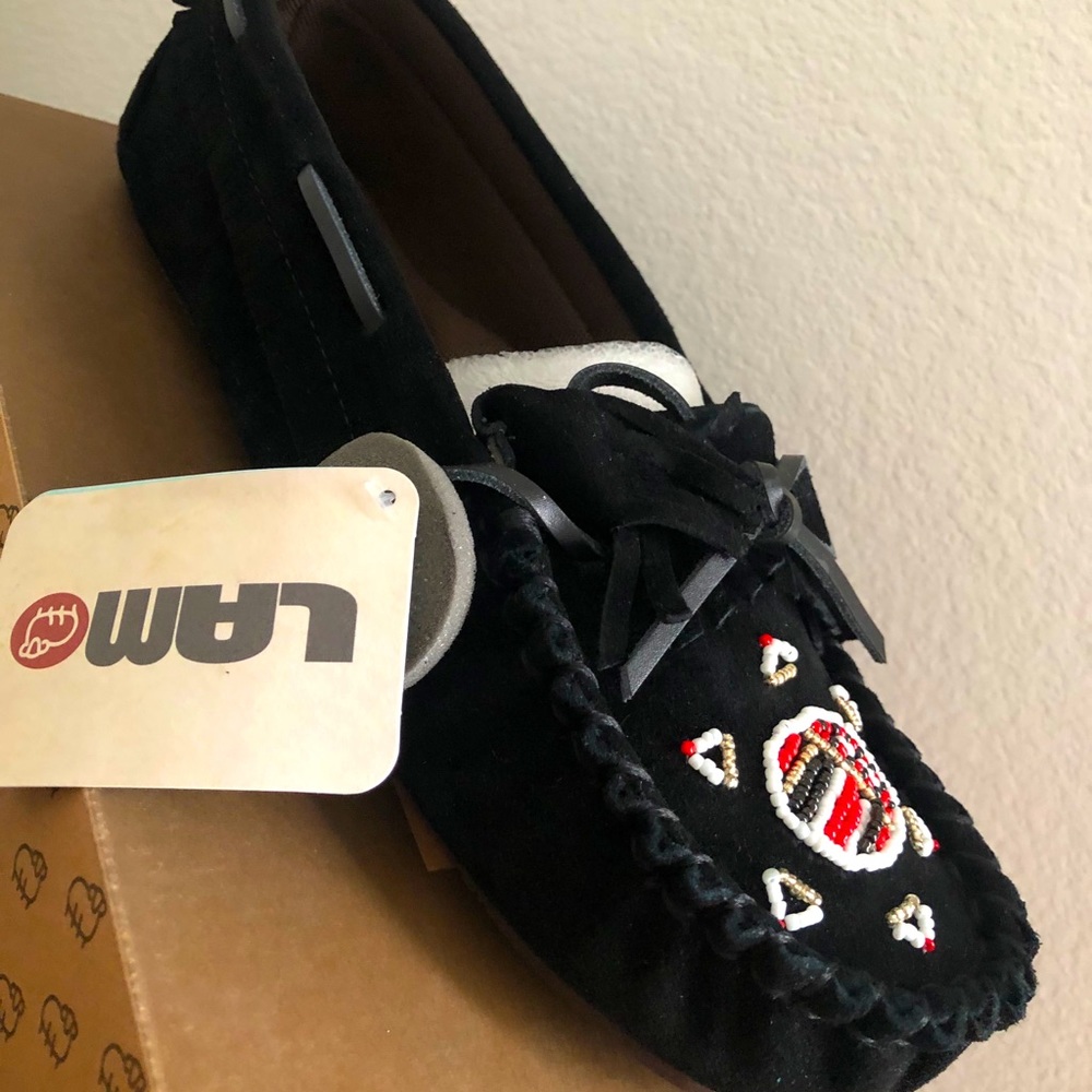 Black Suede Moccasins w beaded design. Never warn.